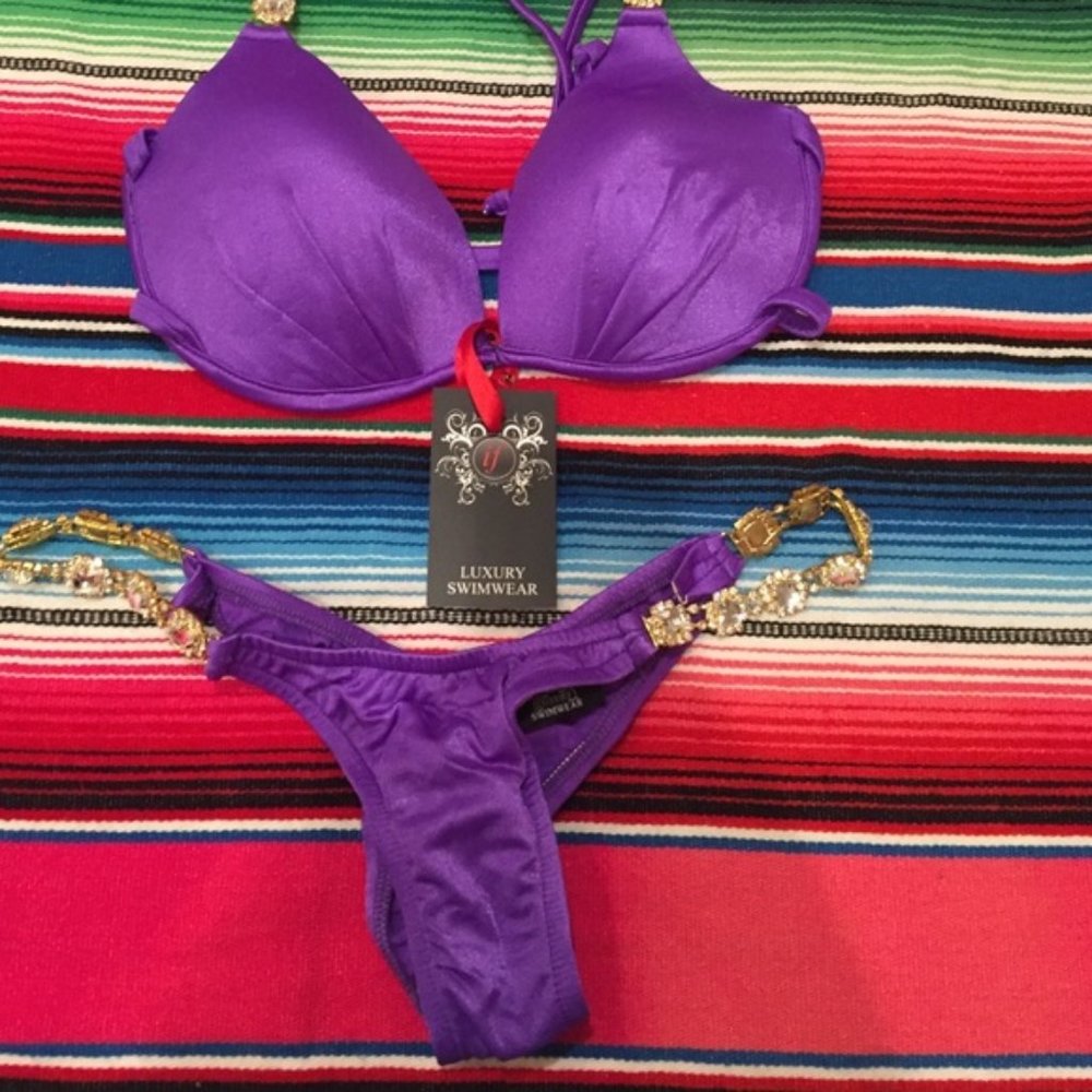 Purple Rhinestone thong scrunch bikini